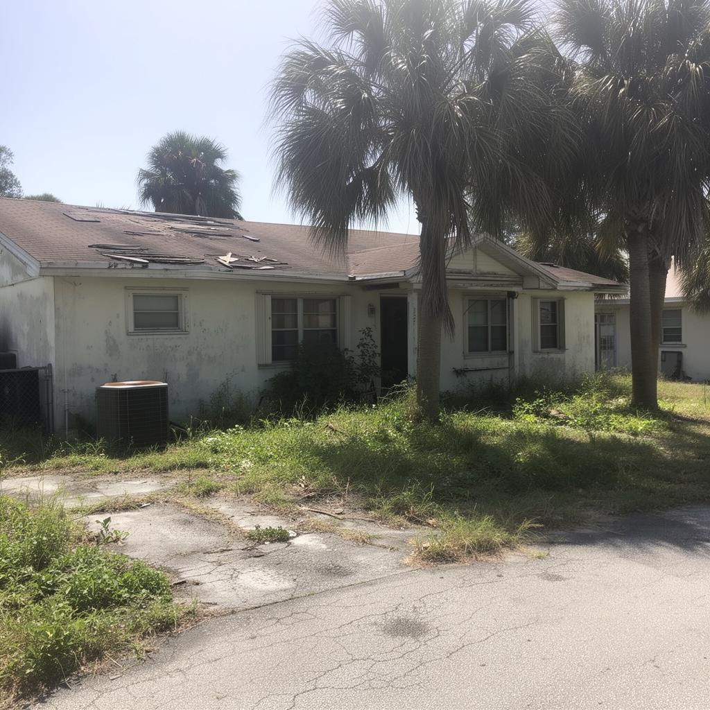Southwest Florida block-ranch home with faded paint and a worn roof — the kind of house we buy as-is for cash